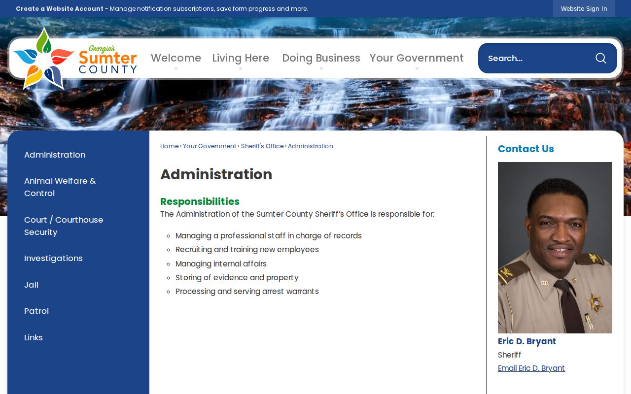 Sumter County Sheriff Administration page describing arrest-warrant processing and service