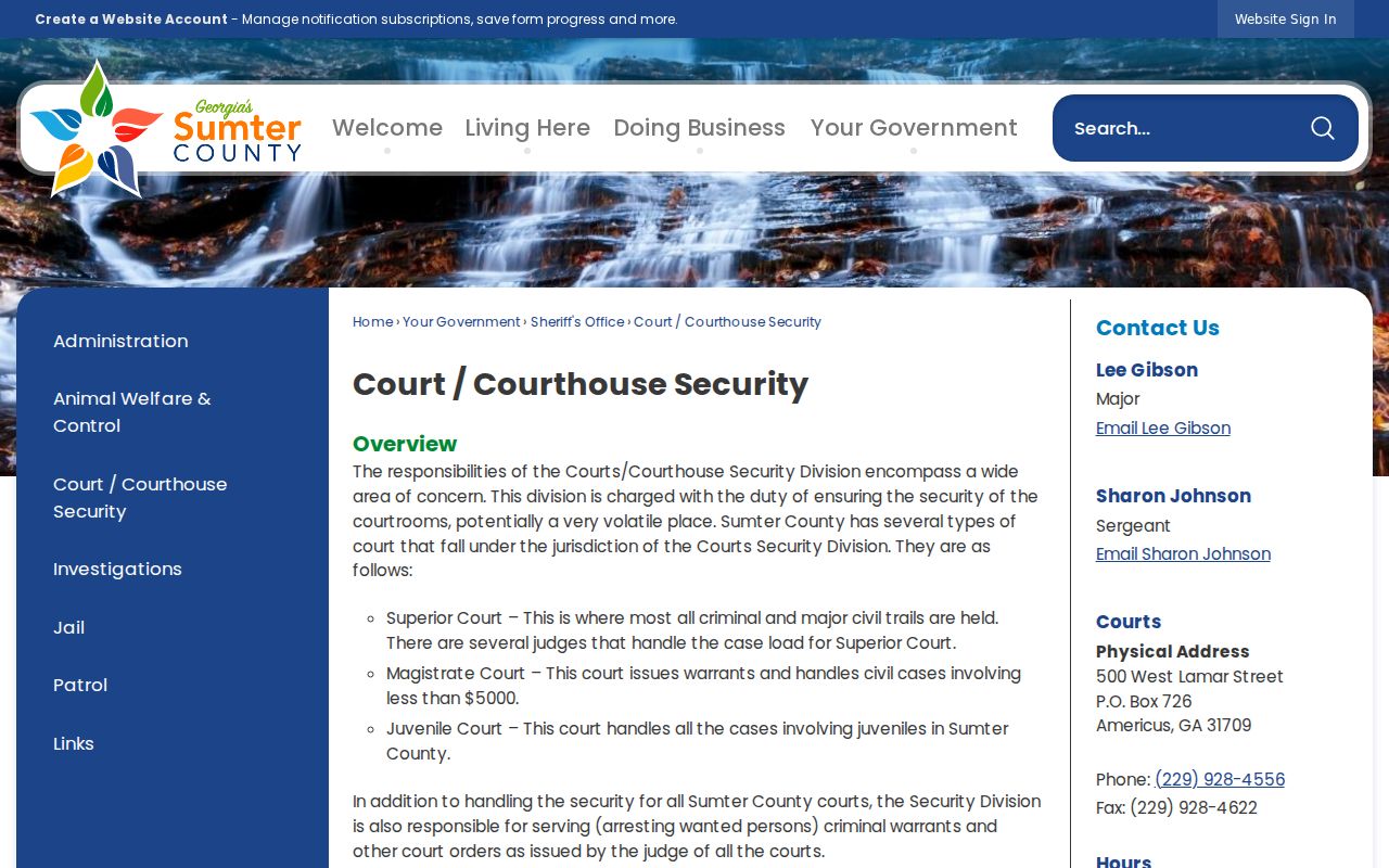 Sumter County Court and Courthouse Security page describing warrant service