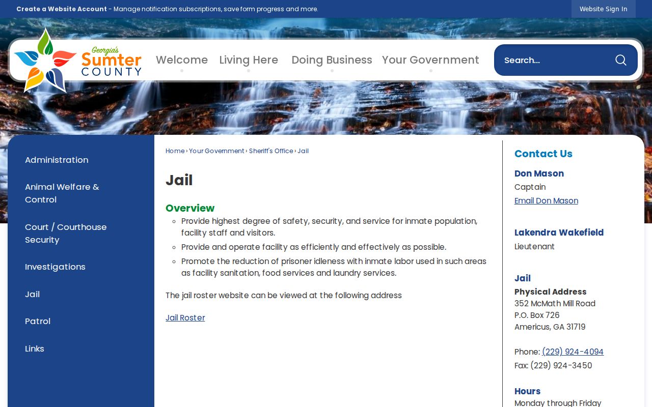 Sumter County Jail and Law Enforcement Center contact page