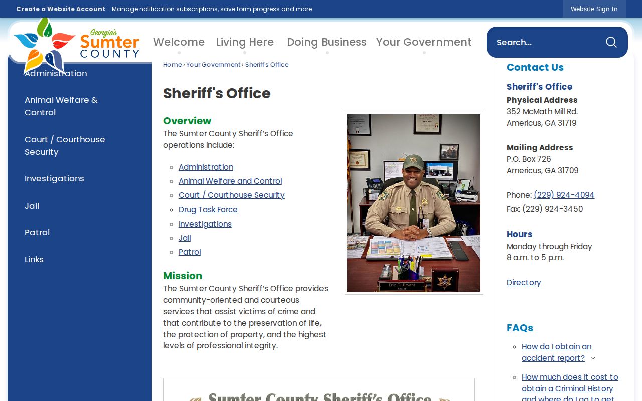 Sumter County Sheriff's Office contact page without a public warrant search form